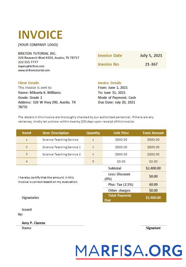 Printable Free Teaching Invoice Template